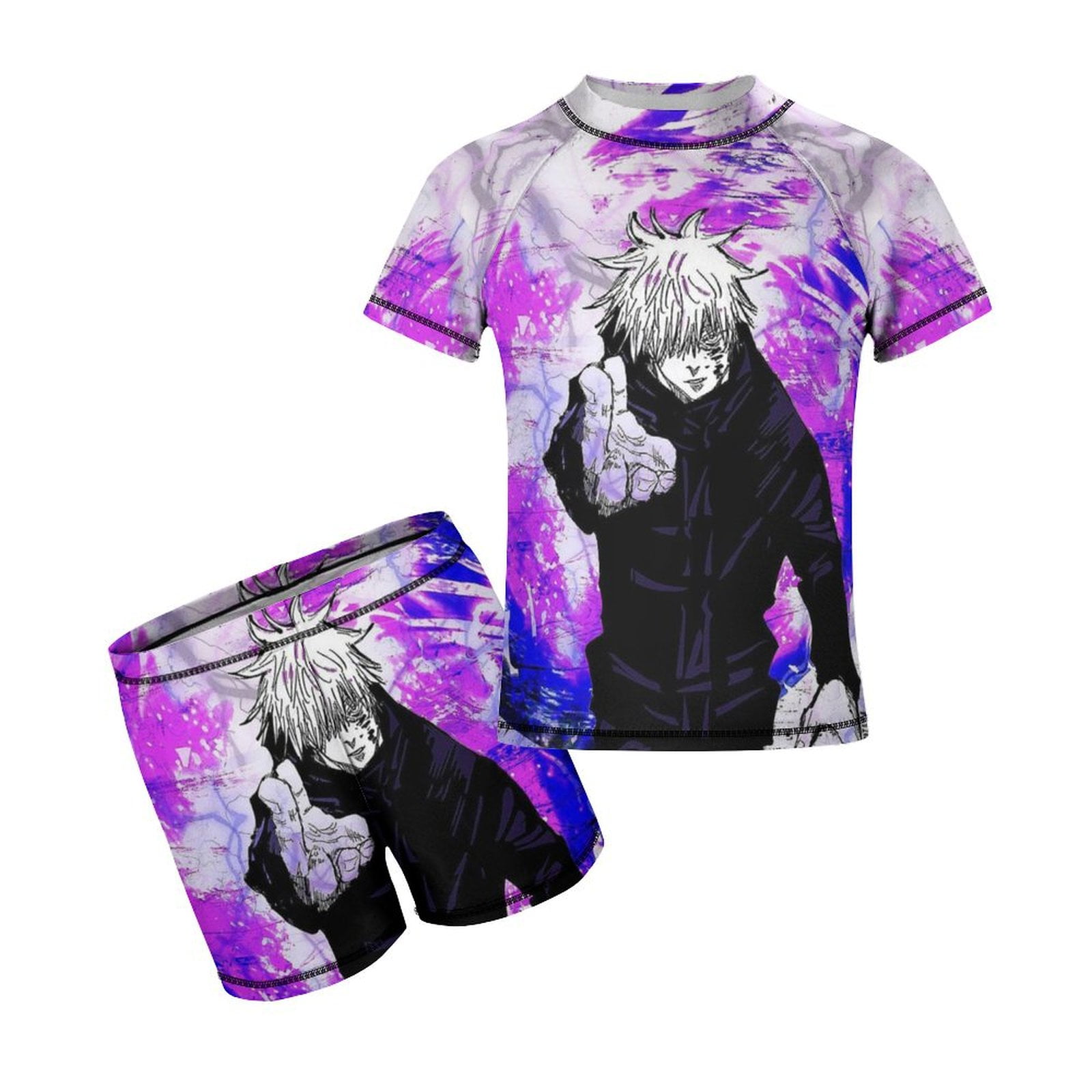 Jujutsu Kaisen Boys Rash Guard Set 2 Piece Swimsuits Short Sleeve Bathing Suits with Trunks